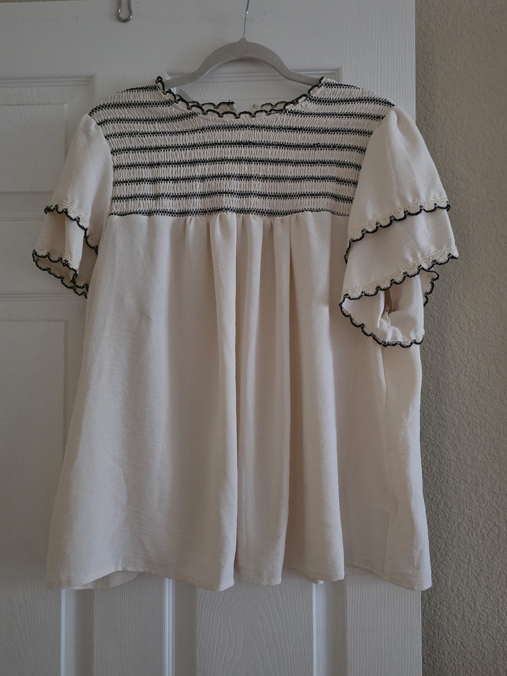 Cream Smocked Yoke Short Sleeve Top with Black Trim